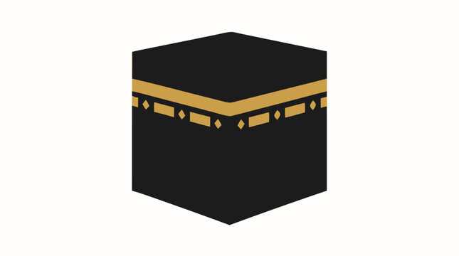 A simple black cube draped in the gold-banded kiswah cloth representing the Holy Kaaba in Mecca shown as a flat vector illustration on a cream background, suitable for Islamic educational content, haj