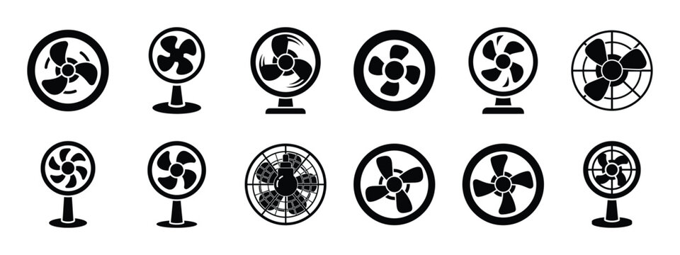 indoor air circulation icon set, black color and white background