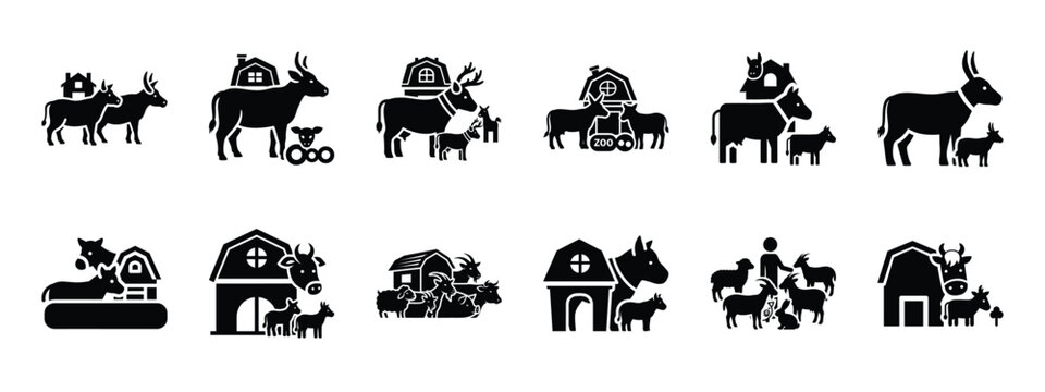 petting zoo farm icon set, black color and white background