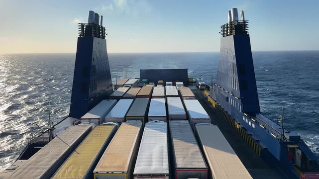 View from a cargo vehicle deck of car ferry, loaded with trucks and vans at sea. Maritime logistics and transport on open water with sun reflection and distant islands.