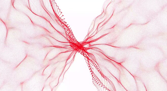 Abstract red dotted particle wave flow on white background dynamic movement of digital dots forming a flowing, thin stranded pattern