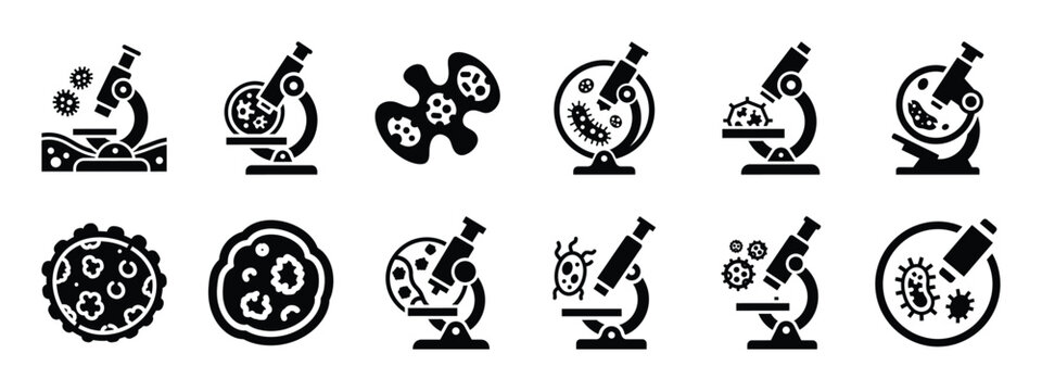 plant disease microscope icon set, black color and white background
