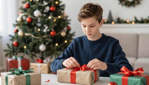 Boy ties a red ribbon on a christmas gift box at home near christmas tree