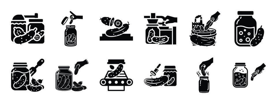 pickle processing silhouette icon set, black color and white background