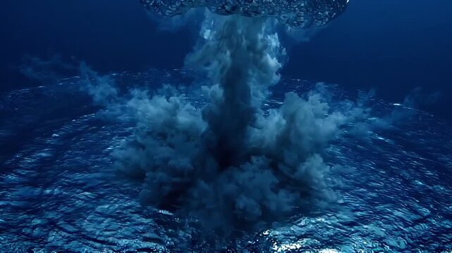 Glowing mushroom cloud rises from ocean water with expanding shockwave and billowing spray, forming abstract nuclear explosion concept over dark blue sea surface, intense surreal scene