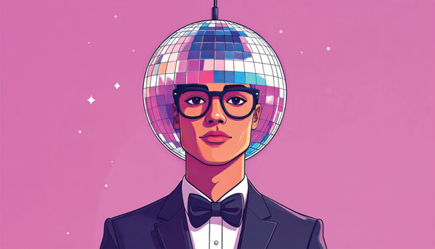 Man wearing disco ball for head.