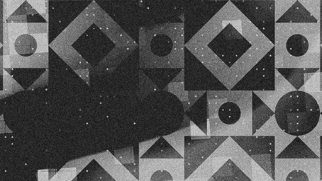 Monochrome geometric pattern shapes circles squares triangles dots grain texture artistic abstract design, textured background 4k.