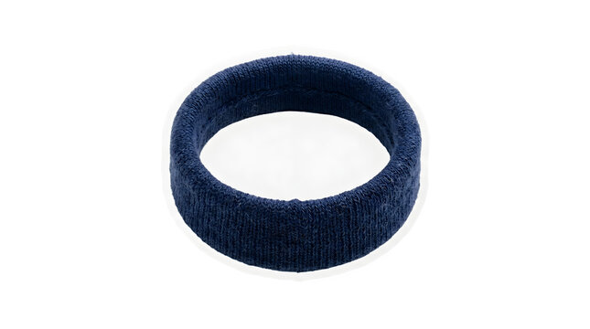 Navy blue elastic hair tie, soft fabric scrunchie for ponytail styling, durable textile hair band accessory isolated on white background