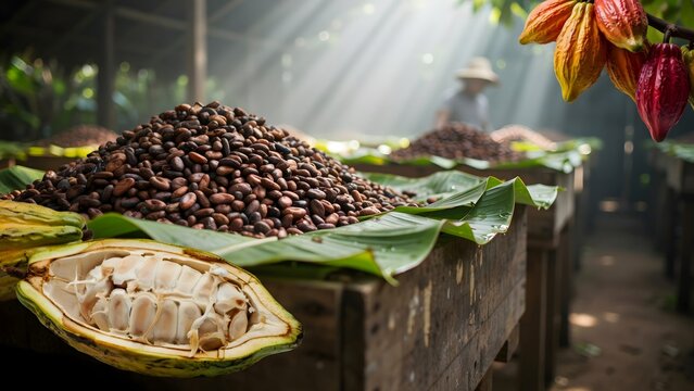 Coffee beans displayed on broad green leaves in sunlight at rustic outdoor market