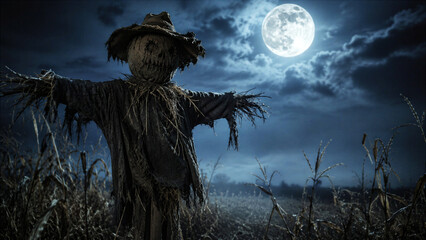Fototapeta premium Scary scarecrow in cornfield under full moon. Creepy Halloween character in dark field at night. Sinister harvest guardian for holiday celebration and spooky horror atmosphere theme.
