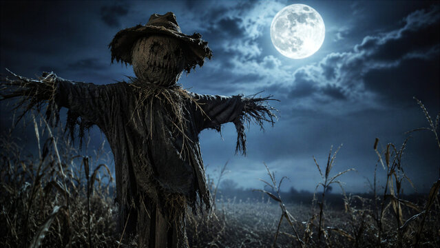 Scary scarecrow in cornfield under full moon. Creepy Halloween character in dark field at night. Sinister harvest guardian for holiday celebration and spooky horror atmosphere theme.
