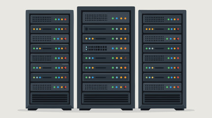 Fototapeta premium Clean flat vector illustration of three server racks with colored status lights on a light background, ideal for data center, cloud hosting, and IT infrastructure promotions.