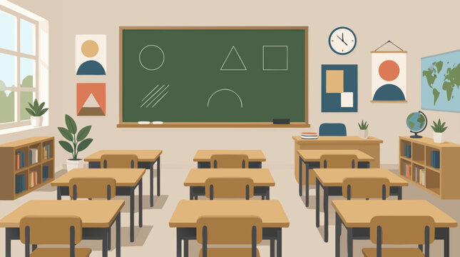 Clean flat vector illustration of an empty classroom with desks, chalkboard, educational posters and globe on a light background for back to school promotions.