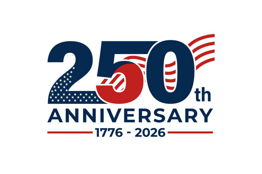 250th  years anniversary logo vector template with US flag stars and stripes inside numbers united states semi quincentennial 1776 to 2026 patriotic celebration typography for corporate branding