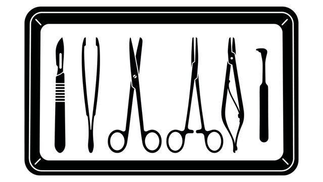 Set of surgical instruments on a tray, medical tools for surgery, vector illustration