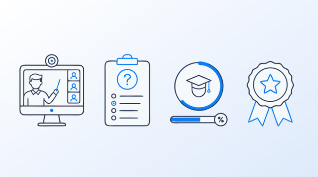 Clean flat vector illustration on a light background showing online education icons for virtual classes, quizzes, progress tracking and awards, ideal for e-learning platform design.