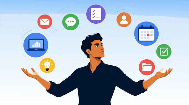 Clean flat vector illustration on a light background of a multitasking professional balancing productivity icons, ideal for business workflow and project management promotions.