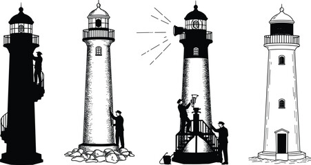 Obraz premium Lighthouse keepers maintaining lamps and cleaning towers, vintage nautical illustration of maritime safety beacons, coastal navigation and seafaring heritage art