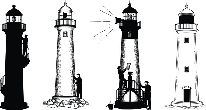 Lighthouse keepers maintaining lamps and cleaning towers, vintage nautical illustration of maritime safety beacons, coastal navigation and seafaring heritage art