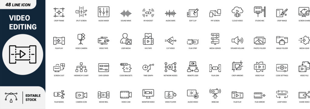 Video editing icons set Video Camera, Film, Audio Mixer, Sound Wave, Edit Clip, Play, Cut, Crop, Webcam, Screen Share Web icon App icon Outline icon Editable stroke line art Vector EPS