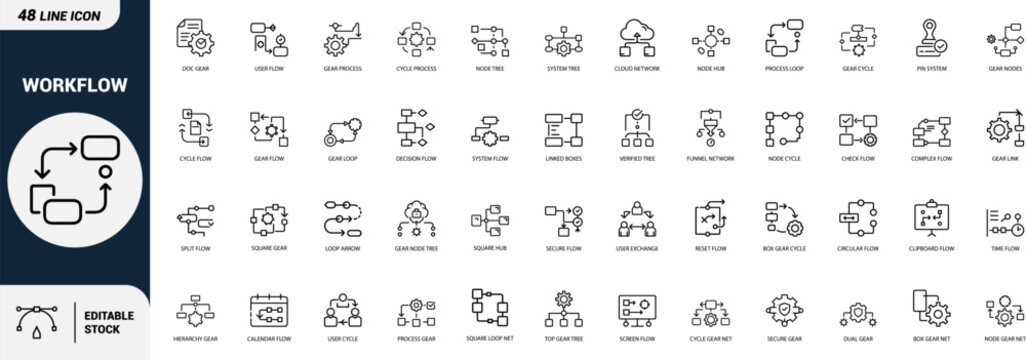 Workflow line art icons set Gear, Flowchart, Process, Network, Cycle, Tree, Node, Cloud, Funnel, Pin, Loop, Boxes, Link, Hub Web icon App icon Outline icon Editable stroke line art Vector EPS
