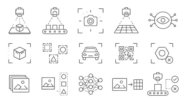 Clean flat vector illustration on a light background showing computer vision scanning icons for AI automation, quality control, and technology presentations.