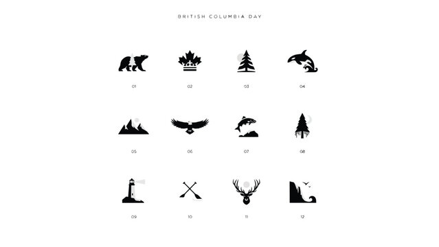 British columbia day celebratory icon set featuring bears maple leaves wildlife scenery.