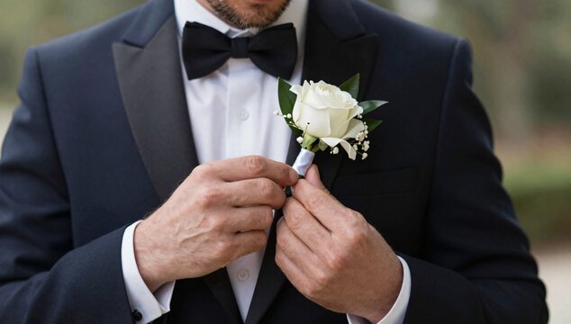 Man in tuxedo puts on a white rose boutonniere for a special occasion