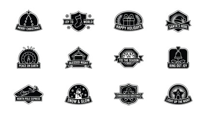 Collection of decorative christmas badge designs with seasonal greetings and typography. © Pronab