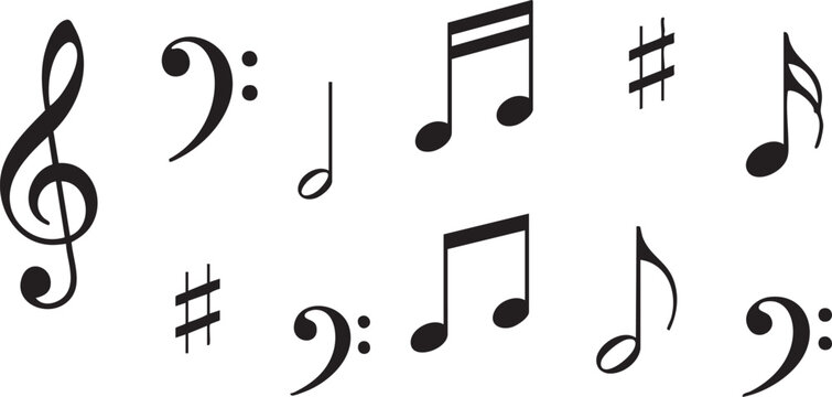 Black musical notation symbols including treble clef rests and sharp signs on white background