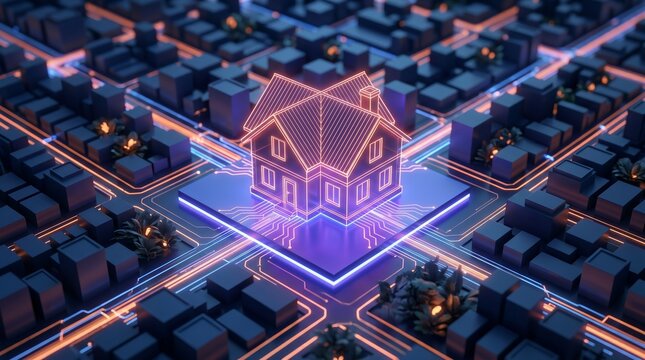 Smart Home Technology concept visualizing interconnected digital real estate within a futuristic isometric urban network grid for innovative proptech development.