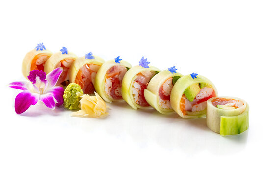 Japanese Naruto Sushi Roll Wrapped in Cucumber with Tuna Salmon and Avocado