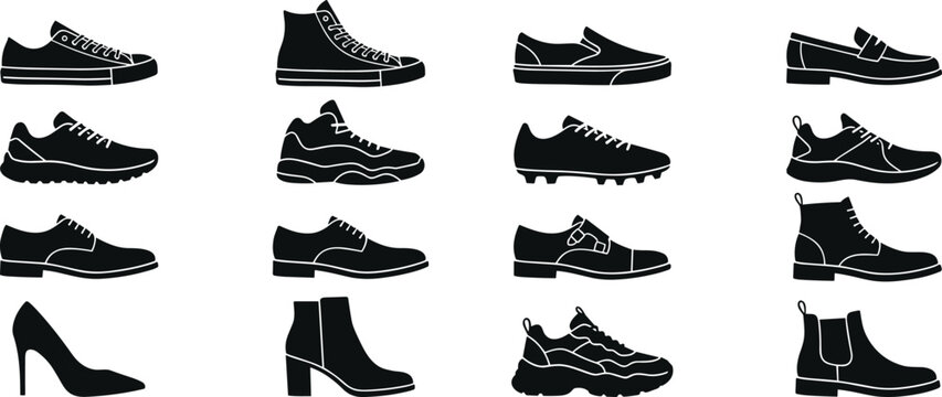 Black and white silhouette collection of various shoes, including sneakers, boots, and heels silhouettes