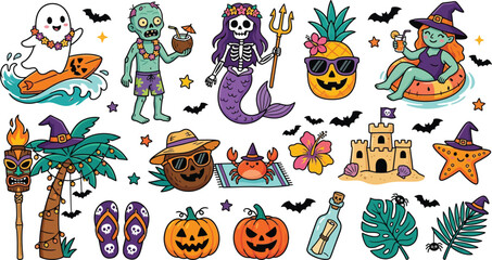 Obraz premium Illustrations of spooky halloween characters enjoy a fun day at a tropical.
