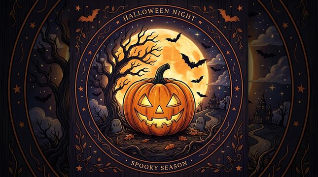 Halloween night pumpkin with full moon and flying bats illustration