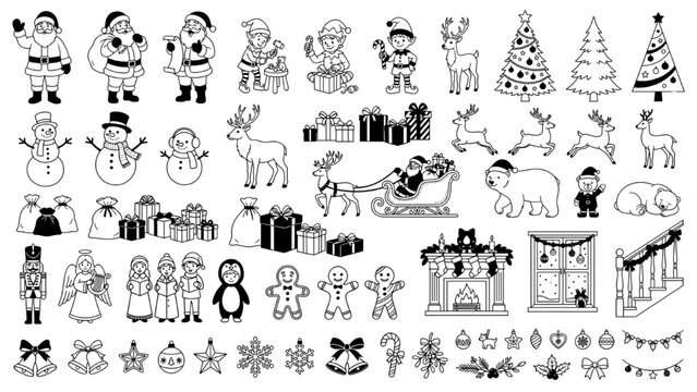 A collection of Christmas-themed illustrations, including Santa Claus, reindeer, snowmen, Christmas trees, gifts, and other festive elements