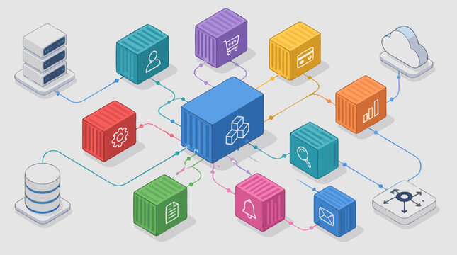 Clean flat vector illustration of cloud microservices and connected data modules on a light background for technology infrastructure, SaaS, and DevOps marketing.
