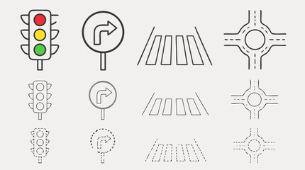 Fototapeta premium Clean flat vector illustration of traffic light, turn sign, crosswalk and roundabout road icons on a light background for transport signage or urban planning design.