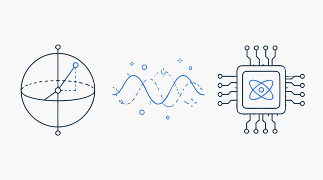 Clean flat vector illustration on a light background showing quantum physics sphere, wave particles, and processor chip for science technology education or innovation branding.