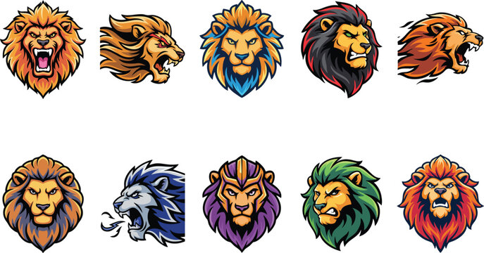 Colorful lion mascot head pack with fantasy themes including ice blue and forest green mane for modern esports branding.