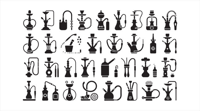 Water pipe and shisha equipment vector icons with tobacco lounge symbols isolated on white background