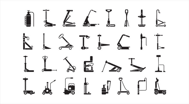 Professional automotive workshop pictograms with vehicle lifting equipment and mechanic service tools isolated on white background