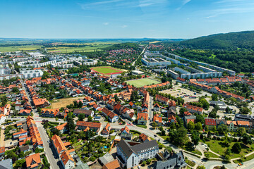 Fototapeta premium Drone Aerial view of Wernigerode city center with Burgbreite and Stadtfeld districts in the Harz Region, Saxony-Anhalt, Germany
