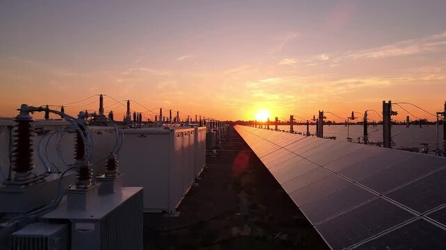 Solar panels and electrical transformers at sunset in utility scale renewable energy plant, with rows of inverter units, cables, and switchgear stretching toward horizon in clear alignment.