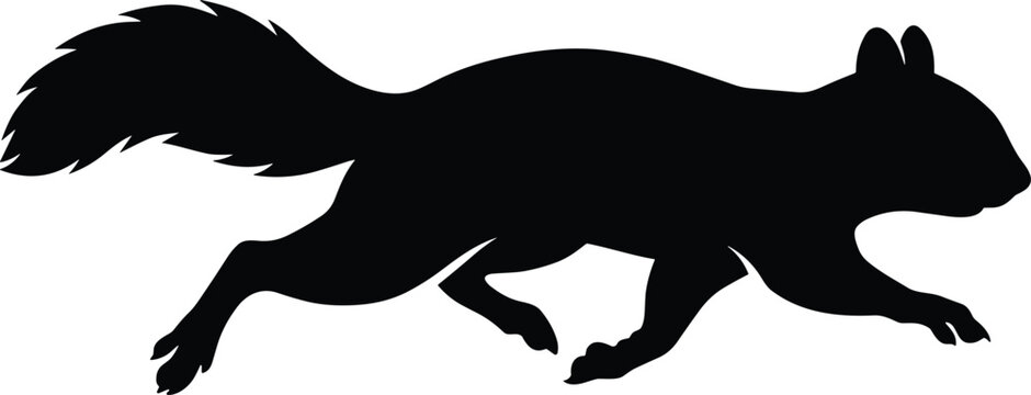 Black silhouette of a running squirrel, side view, on white background
