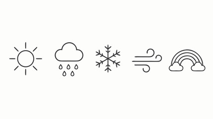 Fototapeta premium Clean flat vector illustration of simple outline weather icons with sun, rain cloud, snowflake, wind and rainbow on a light background for forecast apps and climate designs.