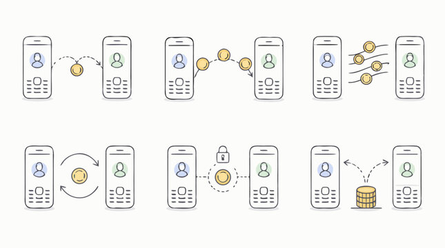 Clean flat vector illustration on a light background showing smartphones exchanging coins and user profiles, ideal for fintech, mobile payment, cryptocurrency, or secure transfer app design.