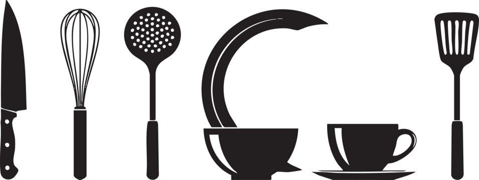 Black of cooking utensils and dishes set spoon fork