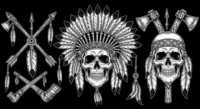 Native American Indian Skull Collection with Headdress, Tomahawks, Arrows and Peace Pipes in Vintage Engraving Style