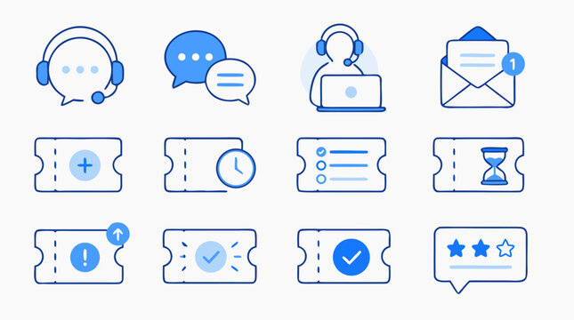 Clean flat vector illustration of customer support and ticketing service icons on a light background for help desk apps, CRM dashboards, and website UI design.